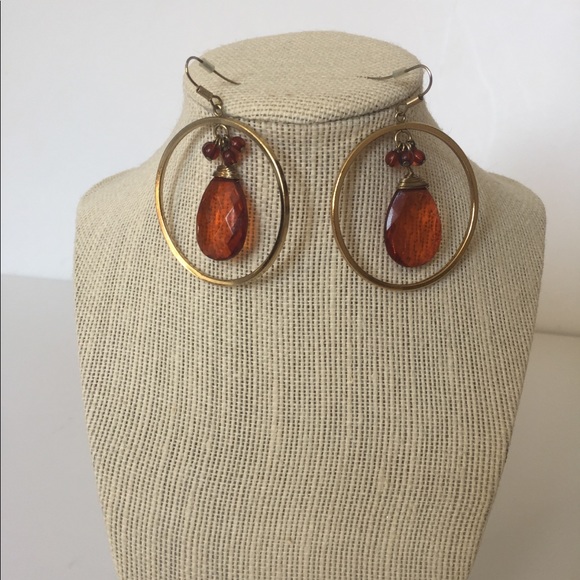 Jewelry - Gold Hoops with Brown Crystal Cut Dangle